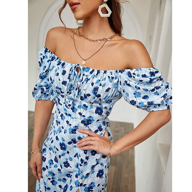 

Casual elegant slim sexy new dress,Women Floral Print Blue Slit Dress Suqare Neckline Summer Elegant Bohemian Long Dresses2023