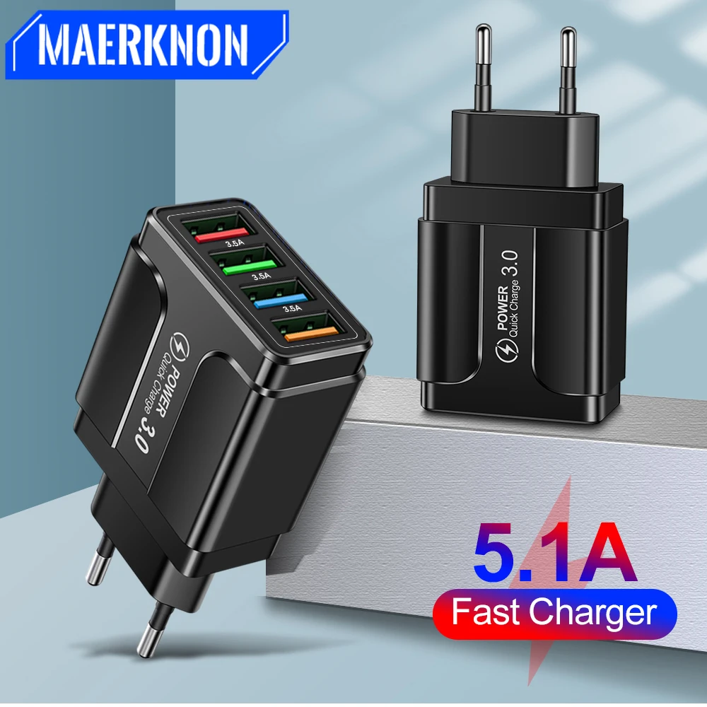 

USB Charger 5.1A Quik Charge 3.0 Mobile Phone Charger For oneplus iphone 12 pro max Samsung Xiaomi 4 Port 48W Fast Wall Chargers