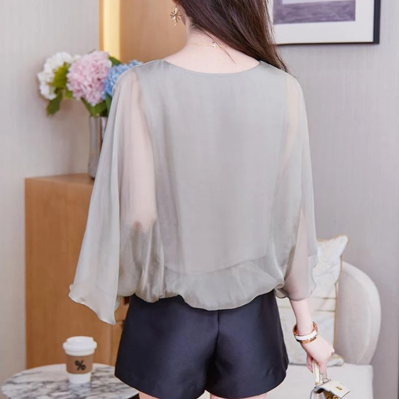 Блузка женская с круглым вырезом модный однотонный Повседневный Свободный