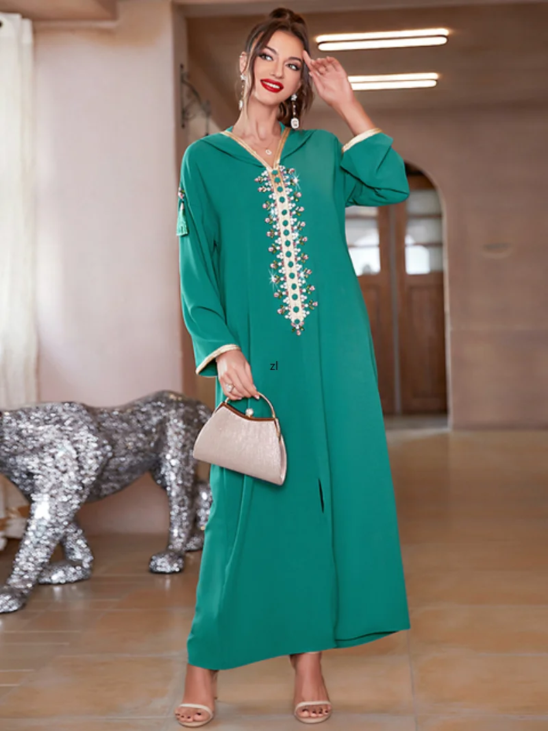 Moroccan For Women Diamonds Hoodie Long Sleeve Maxi Dress Fashion Split Hem Banquet Party Dresses Turkish Abaya Ramadan