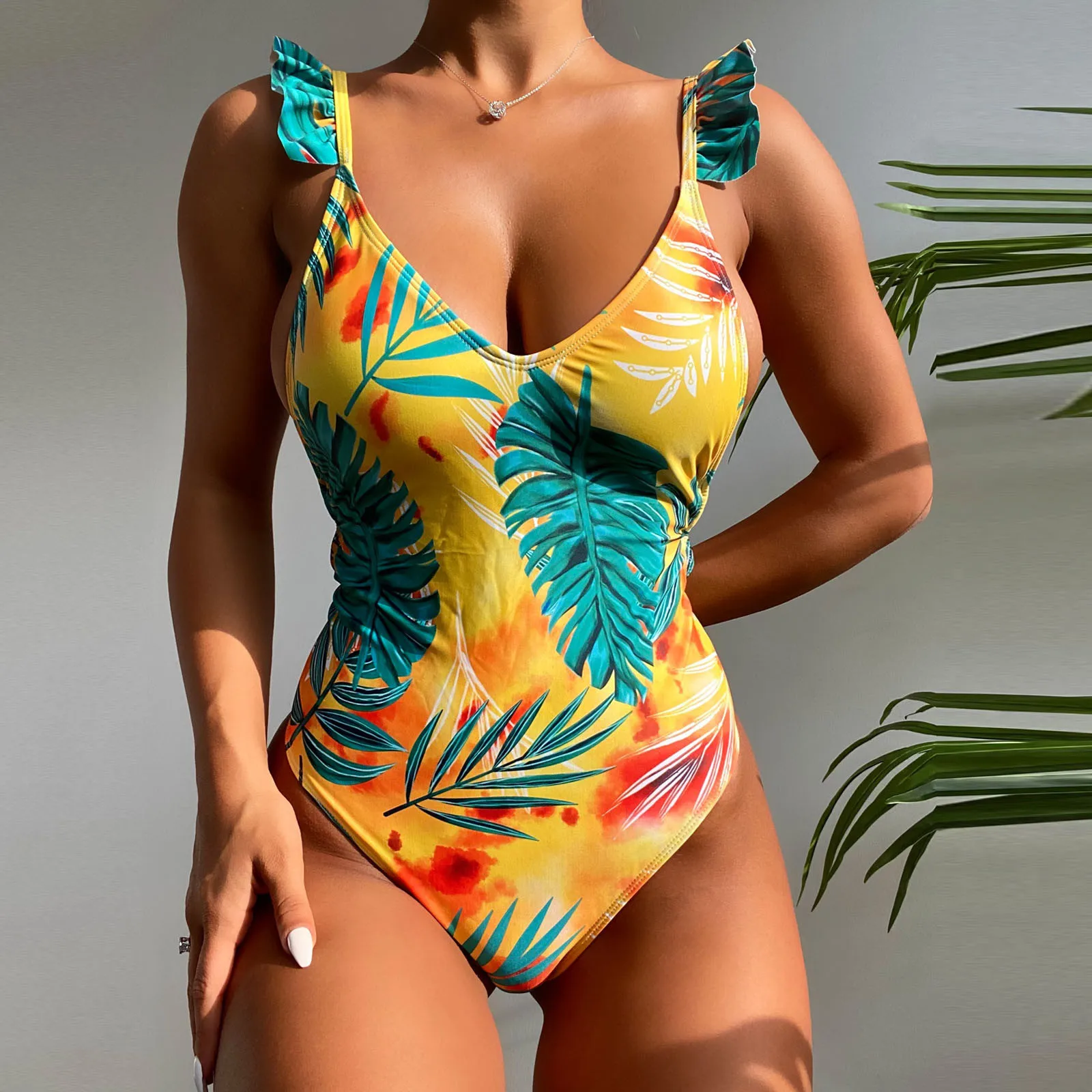 

summer Bikini women' Sexy Strapless Backless high waist Ruffle Edge Beachwear female printed Swiming suit Monokini