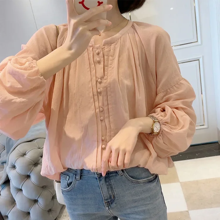 Ранняя весна ChicTopLoose-FitSweetКруглый вырез Красивая рубашка Французский стиль