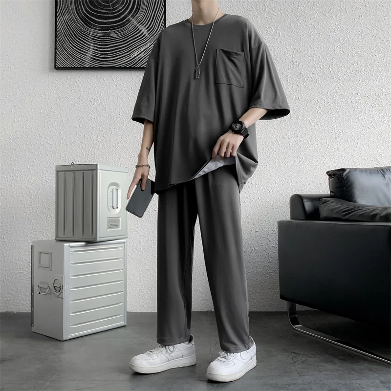 Summer 4-color Thin Sets Men Fashion Casual Short-sleeved T-shirt/Trousers Two-piece Mens Korean Loose Ice Silk Sets Men M-5XL