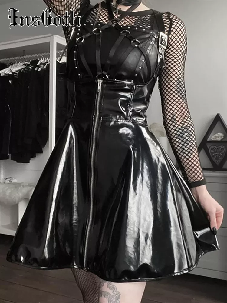 

InsGoth Black Leather Skirts Women Gothic Streetwear High Waist Zipper Spaghetti Straps Short Skirts Lady Retro Party Mini Skirt