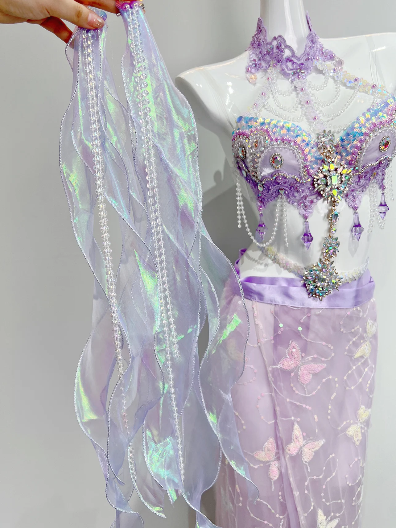 Женский костюм для танца живота фиолетовое бикини с кристаллами танцевальный