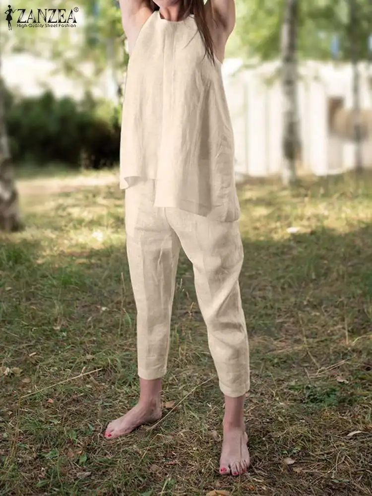

ZANZEA Elegant Solid Suit Women Matching Sets Casual Summer Outifits Female Asymmetrical Blouse Elastic Waist Pants Tracksuits