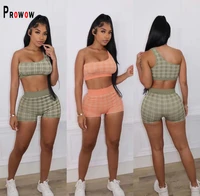 prowow women workout sweat suits one shoulder cropped tops shorts two piece summer clothing set plaid print fitness outfits