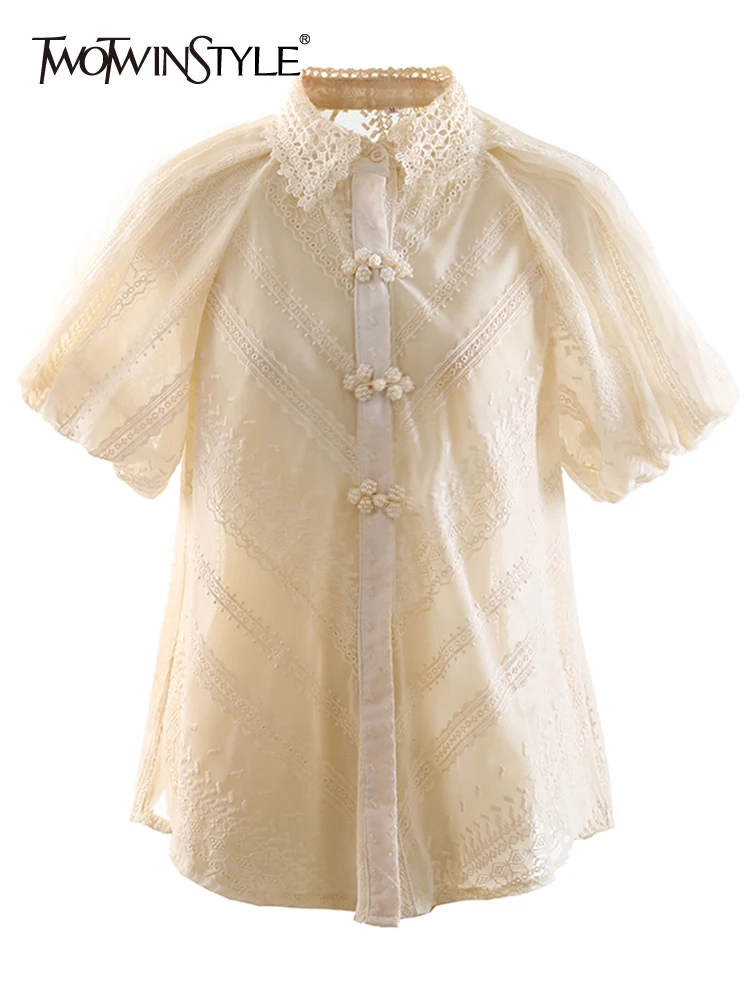

TWOTWINSTYLE Lace Panel Fashion Woman Blouses Lapel Puff Sleeve Solid Embroidered Flares Shirt For Women 2022 Fashion Clothing