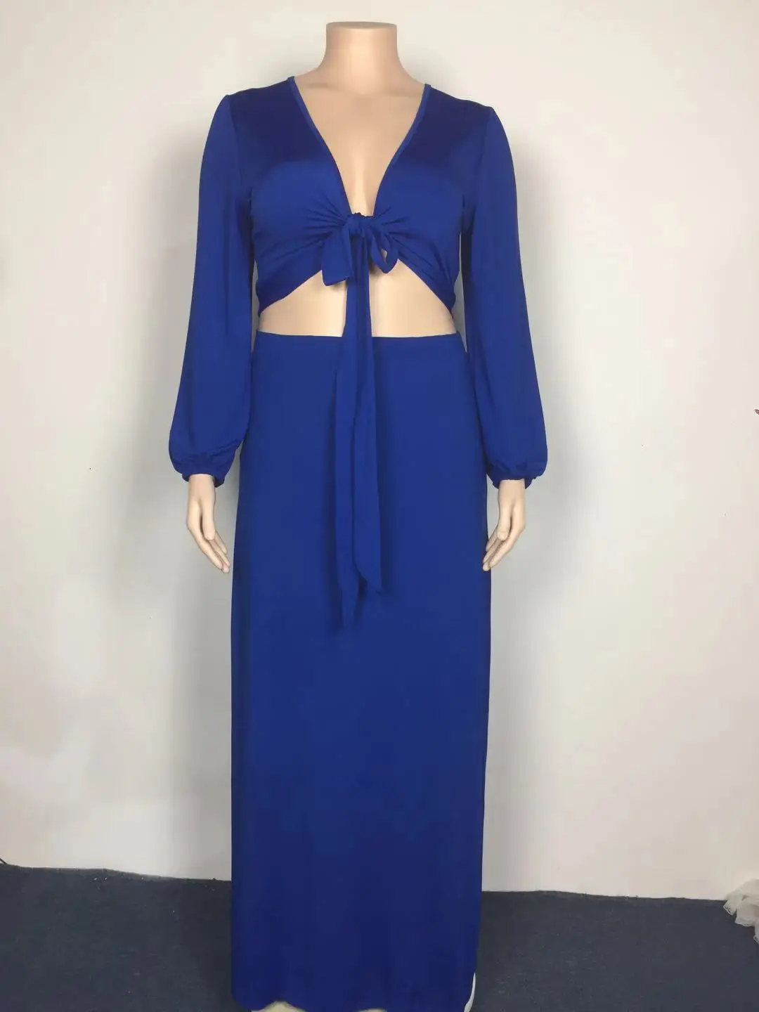 Plus Size Sets Solid Long Sleeve Set of Women's Clothing 2 Pieces Lace Up V-Neck  Short Length Top Casual Elastic Waist Loose