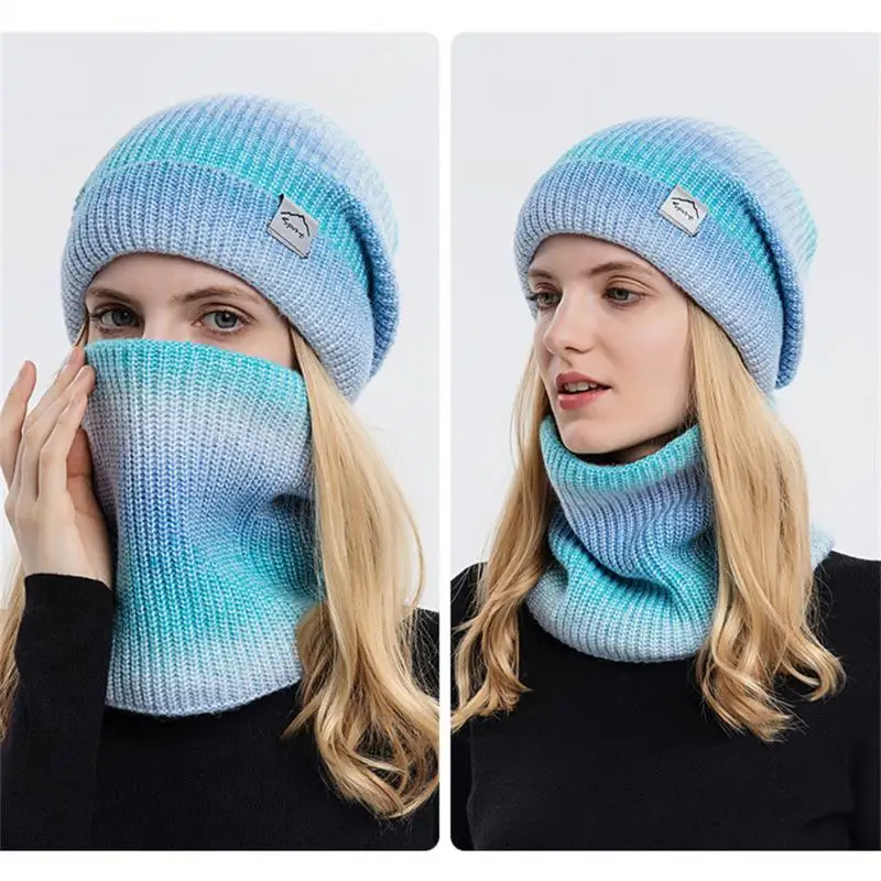 Winter Hat Women Warm Fleece Gradient Wool Hat Thickened Outdoor Ear Protection Knitted Cap Scarf Two-piece Set  Beanies Caps