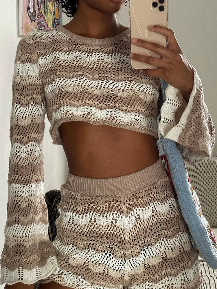 

hirigin Women Y2k Knit Two Piece Set Cutout Long Sleeve Crop Top Bodycon Mini Skirt Outfits Casual Party Club Streetwear Holiday