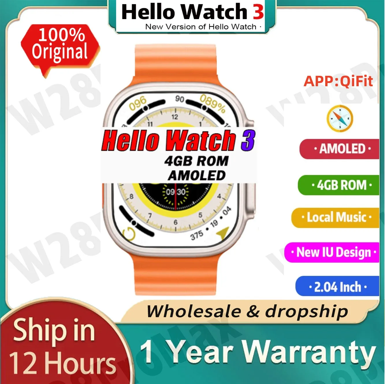 

Hello Watch 3 AMOLED Smart Watch Men H11 Ultra Upgraded 2.04 Inch Titanium NFC Compass Smartwatch with 4GB ROM for Android IOS