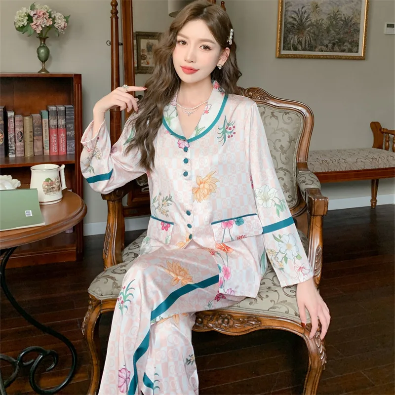 2023 New Ice Silk Pajamas Women's Suit Long-Sleeved Trousers Fashionable Printed Cardigan Homewear Can Be Worn outside