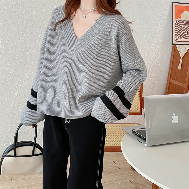 

Женский пуловер в Корейском стиле, простой вязаный Топ с V-образным вырезом, женский полосатый Повседневный свитер с длинным рукавом, женска...
