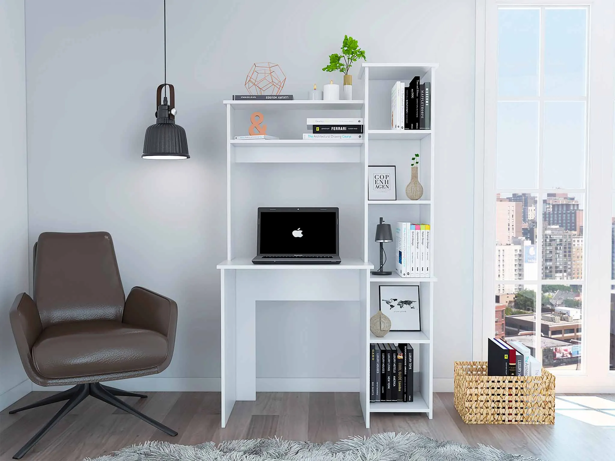 

Marston 6-Shelf Writing Desk with Built-in Bookcase White Table Bookcase
