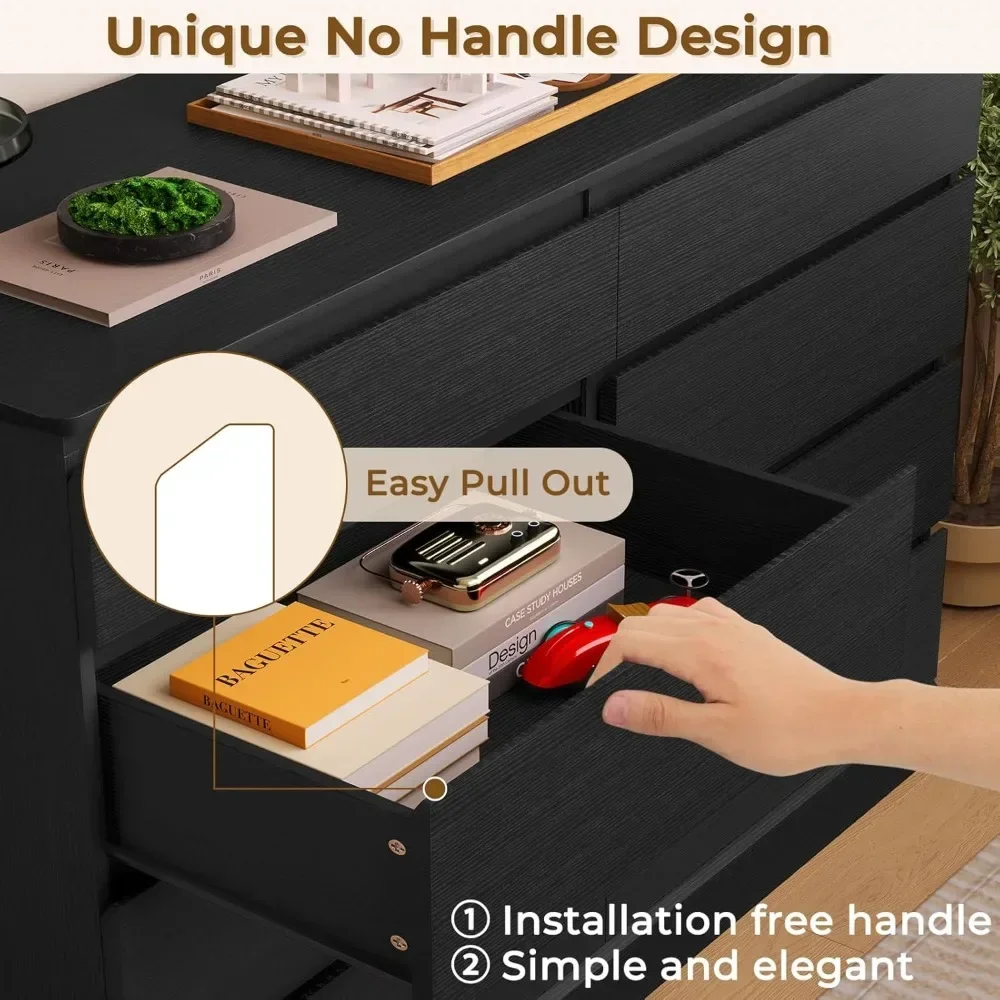 Черный комод для спальни длинный с 8 ящиками Деревянный Комод 51 5 дюйма шкаф