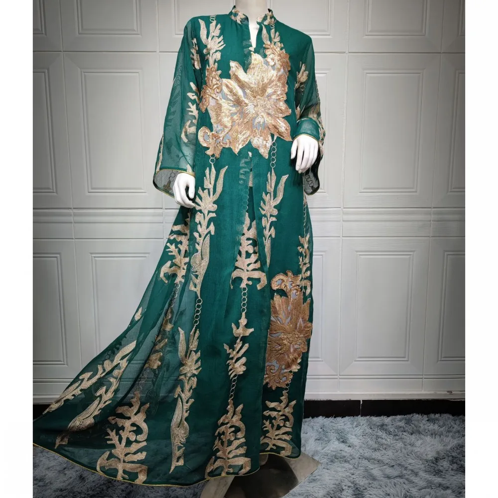 Ladies Robe Dubai Arabian Long Sleeve Dress Slim Women Gold Sequin Embroidered Loose Muslim Long Skirt Spring African Clothing