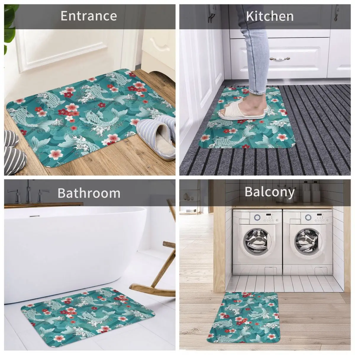 

Koi Sakura Blossom In Turquoise Door Mat Decor 3D Rug Carpet Bathmat Anti-slip Entrance Living Room Home Kitchen Bedroom Toilet