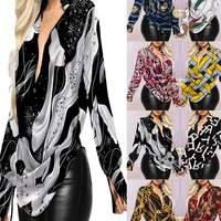 2022 european and american new spring and summer womens digital printing shirts long sleeved deep v neck all match tops
