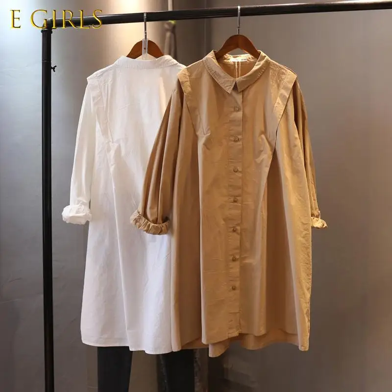 E GIRLS  Causal Spring Womrn Medium-long Blouses Korean Long Sleeve Turn-down Collar Shirt  New Blusas Top