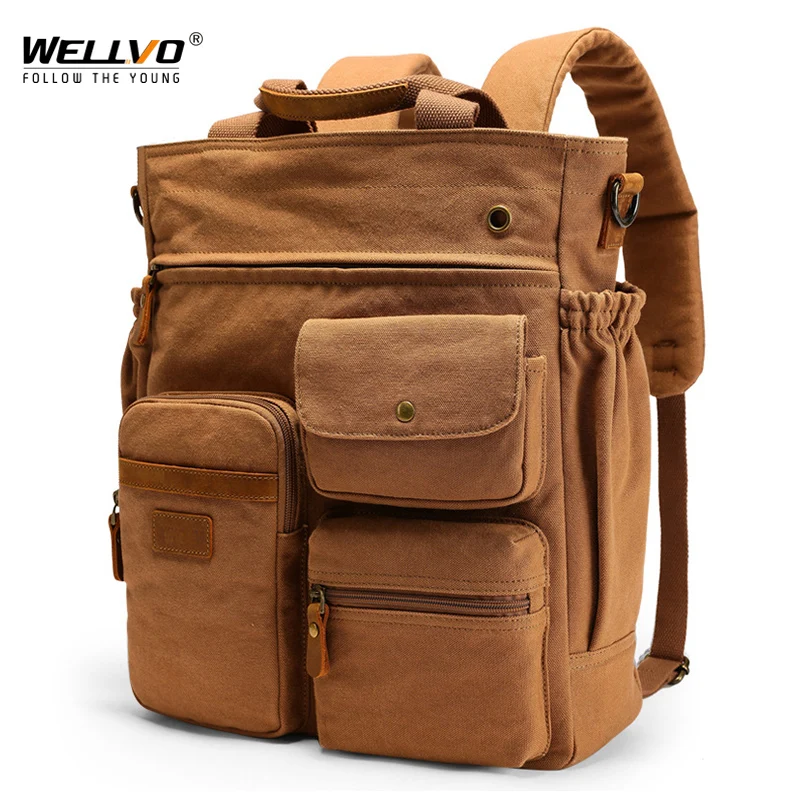 Canvas Fabric Male's Backpack Vintage Solid Color Multifunction Single Shoulder Bags Waterproof Mochila  Briefcase Bag XA139C