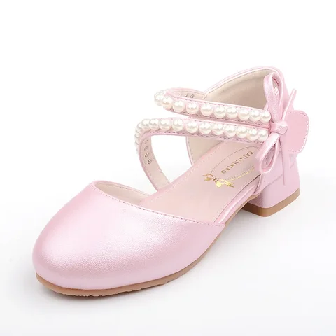 Весенне-летние туфли принцессы для девочек с жемчужным бантом, Детские Классические сандалии для свадьбы, Модные Повседневные детские праздничные туфли на высоком каблуке