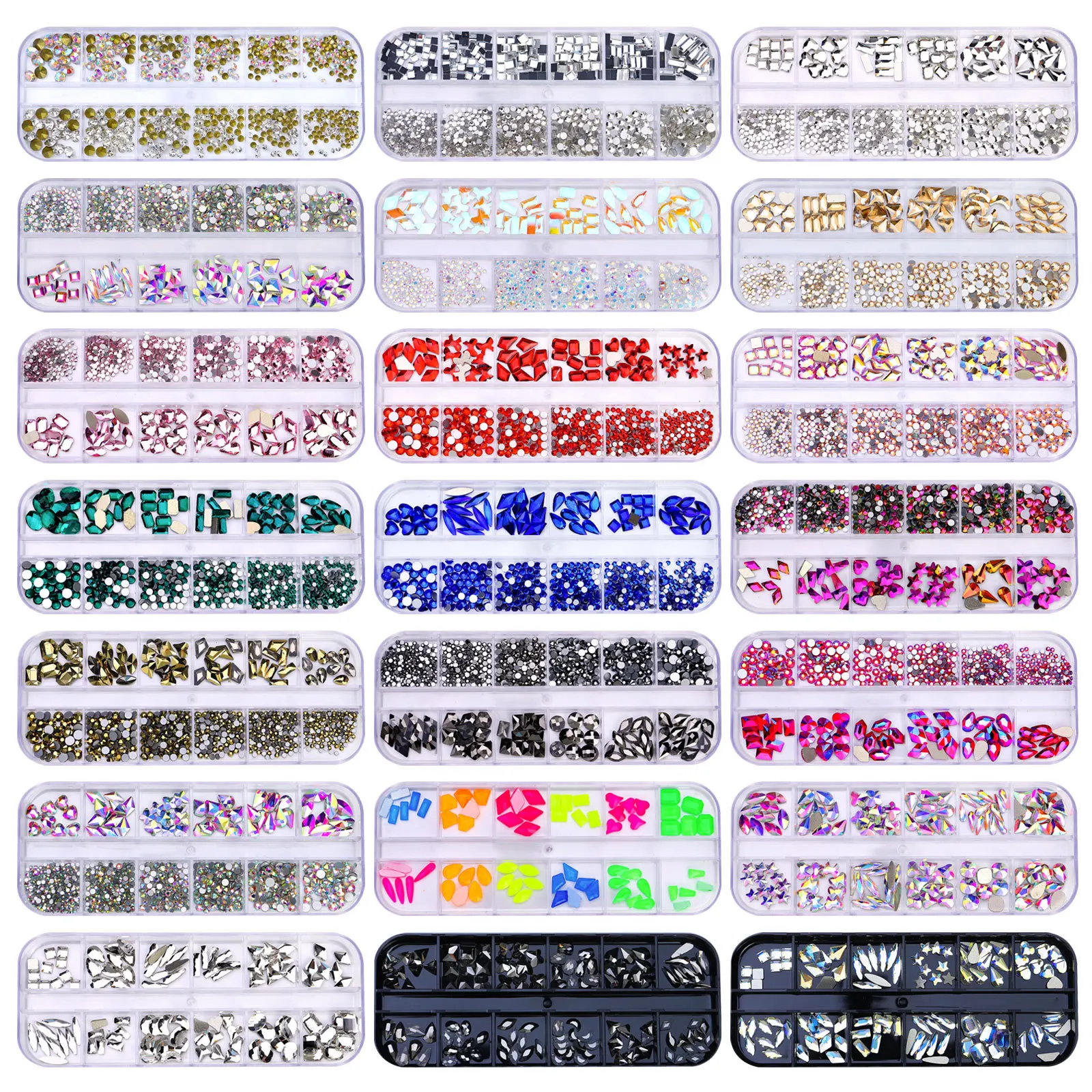 

12 Grids/Set Mix Size Nail Rhinestones 3D Crystal Shiny Flatback Diamond Nail Art Decorations Gem Nail Accessories DIY Manicure