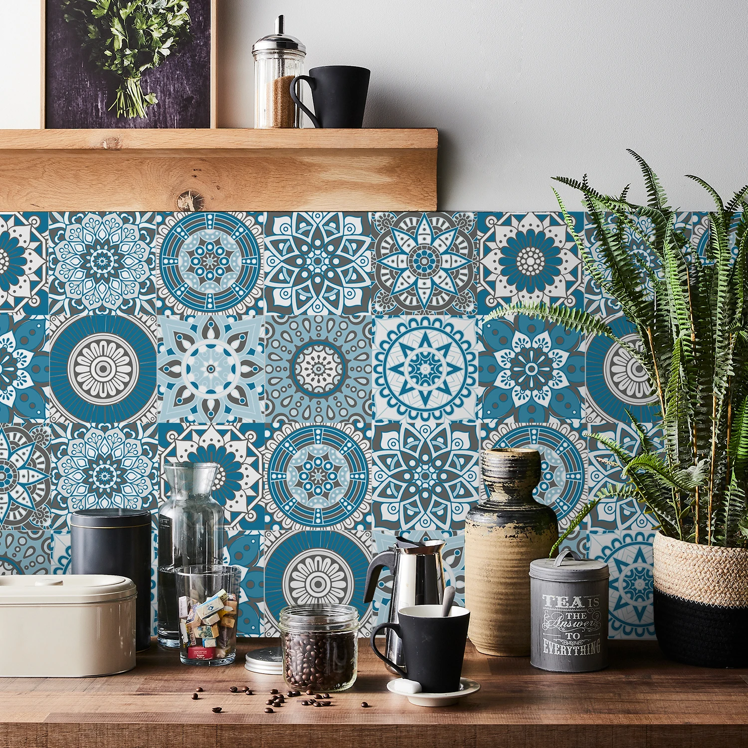 24 Pieces Wall Tile Sticker Bathroom Self Adhesive Mandala Mural Waterproof PVC Kitchen Cabinet Surface Refurbishment Wall Decal