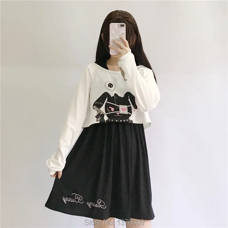 

Black Comic Rabbit Women Casual Kawaii Bunny Print Tutu Dresses Harajuku Japanese Lolita Dress Sweet Cute College Style Pullover