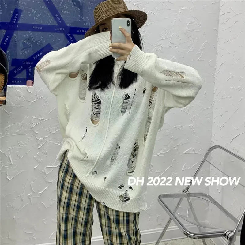 

Gothic Hollow Out Sweater Street Wear Hole See Through Oversized Knitted Pullovers White Black Y2K Knitwear Tops Grunge I674