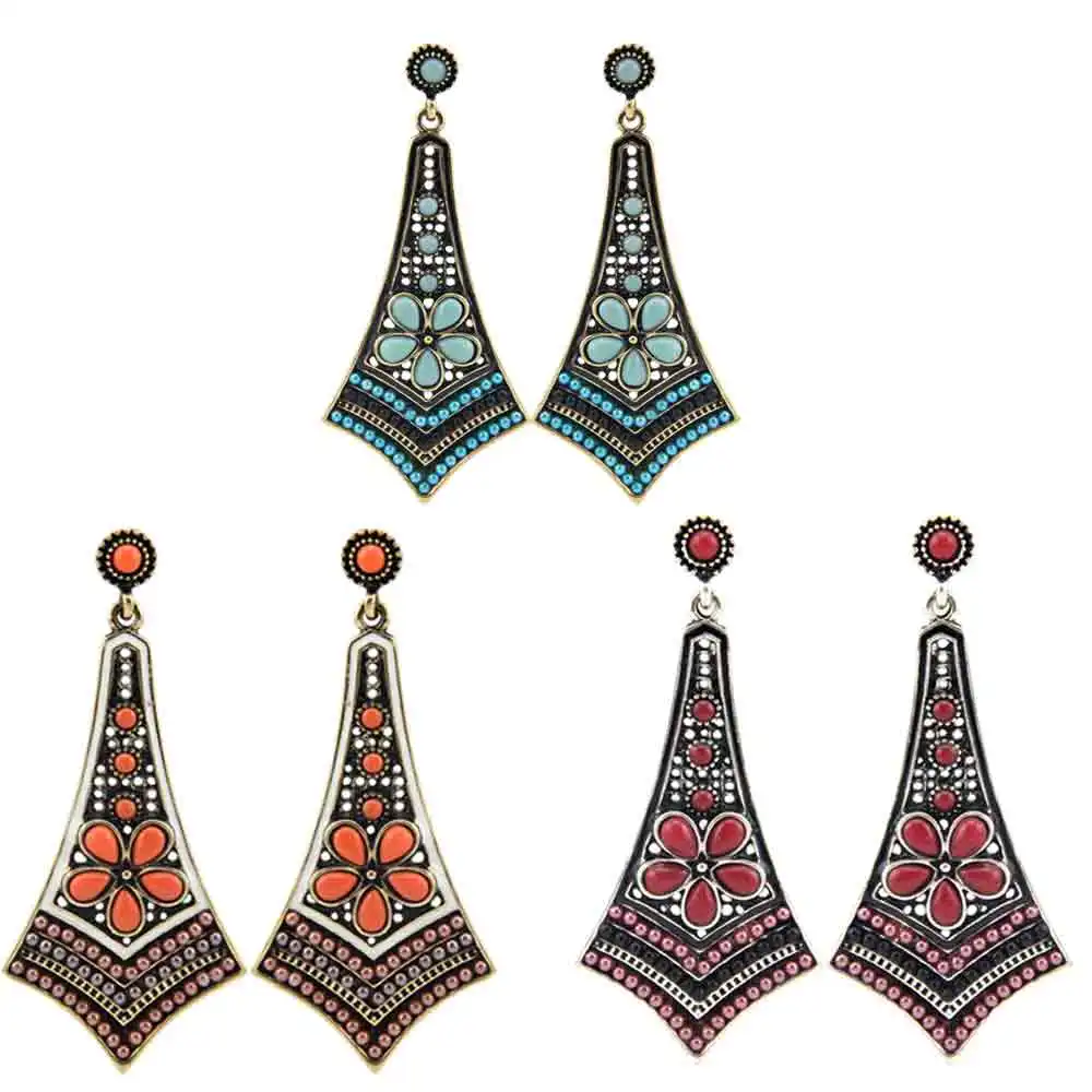 

2023 New Fashion Ladies Retro Multicolor Resin and Bead Flower Long Personality Drop Earrings Bohemian Jewelry