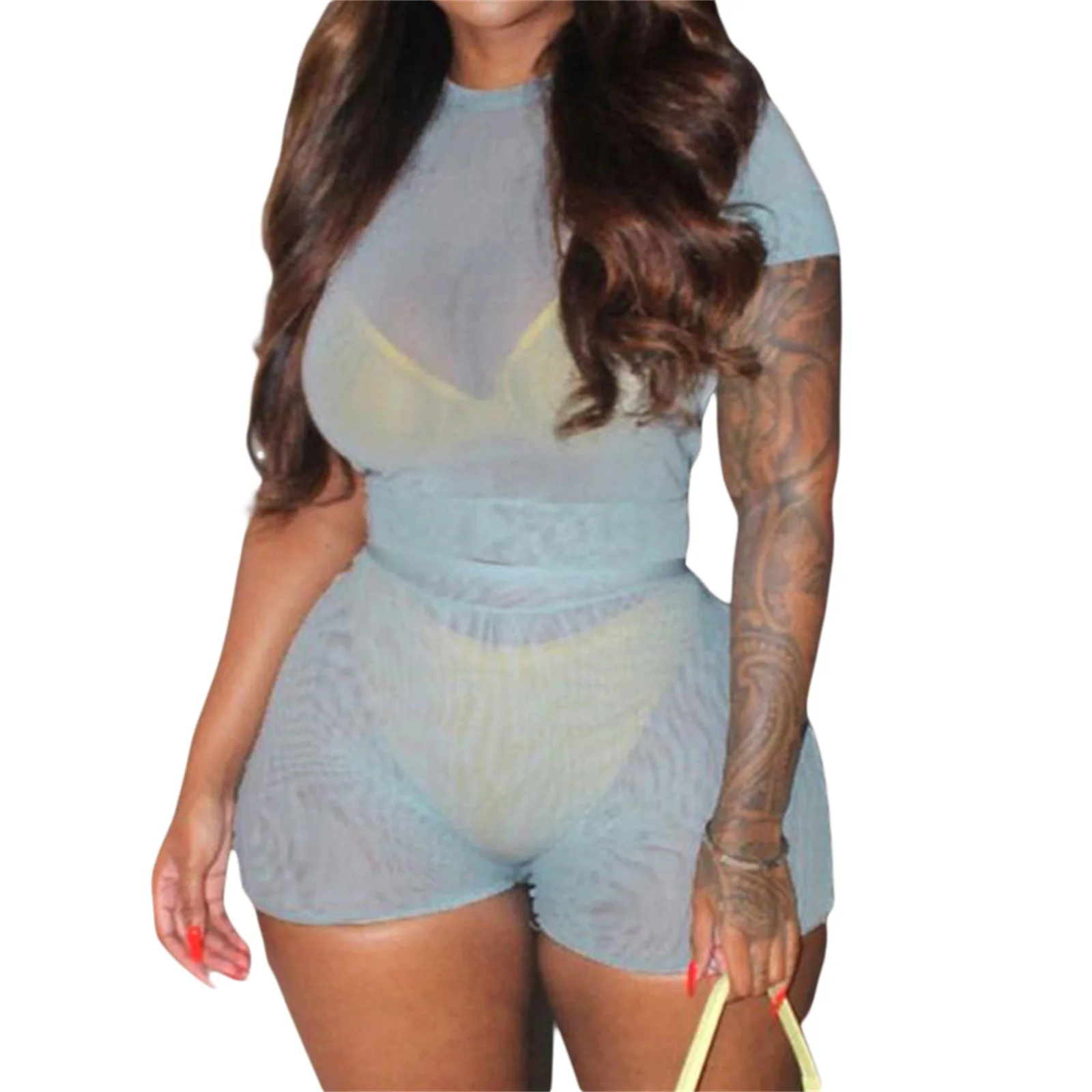 

Women Clothing Summer Polyester Shorts Suit Solid Color See-through Mesh Round Neck Short Sleeve Tops High Waist Shorts