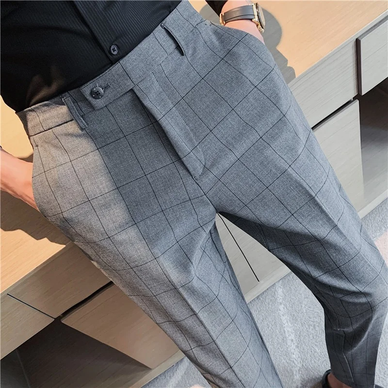 

2022 New Plaid Suit Pants High Quality Business Casual Formal Wear Slim Fit Office Trouser Gray/Blue Brand Fashion Male Clothing