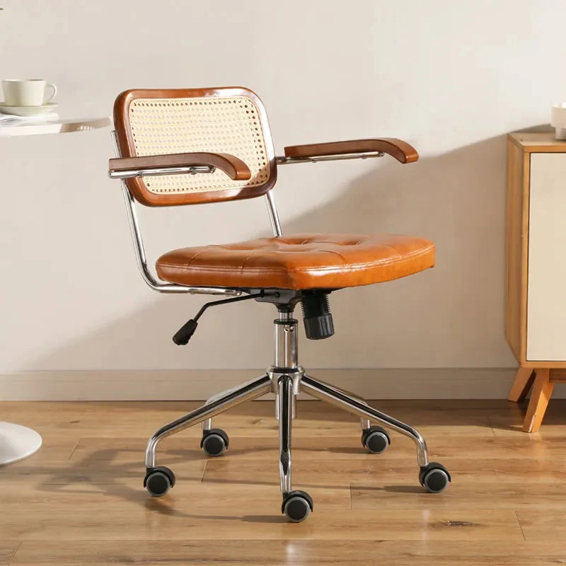 

Компьютерное офисное кресло из японского ротанга, вращающийся расслабляющий офисный стул в стиле ретро, подлокотник из ротанга, офисная мебель