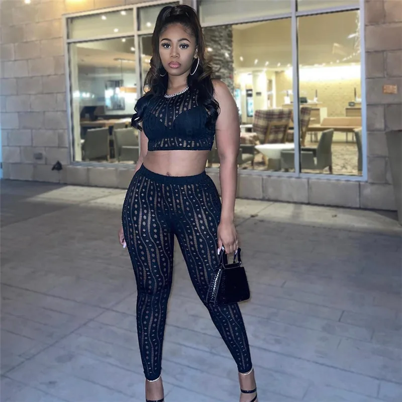 Hollow Out Mesh Two Piece Set Women Summer See Through O-Neck Sleeveless Crop Tops+Casual Streetwear Hipster Pants Matching Suit