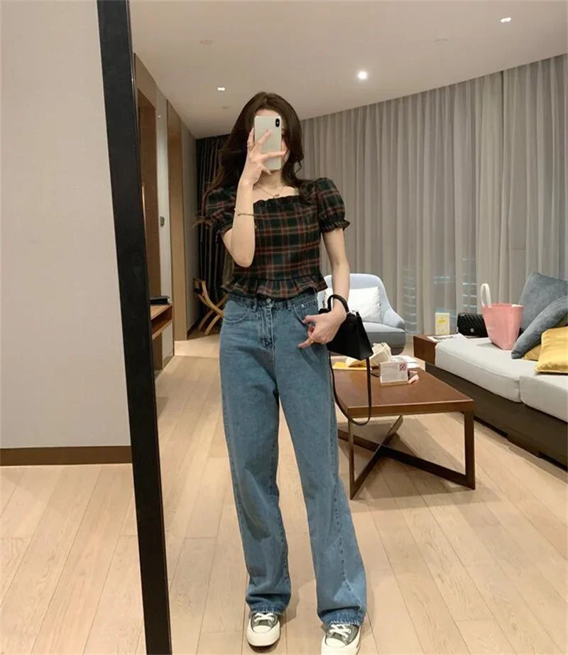 한국국뷰 옷 рубашки и блузы для женщин с клетчатым принтом Блузка винтажный CropTop blusa