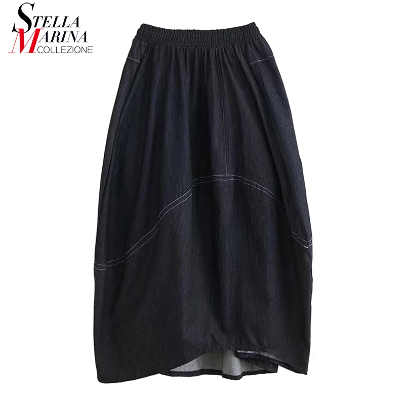 

New A-Line Solid Black Korean Style Woman Summer Long Denim Skirt Elastic Waist Loose Fit Girls Long Jean Skirt Style OU19