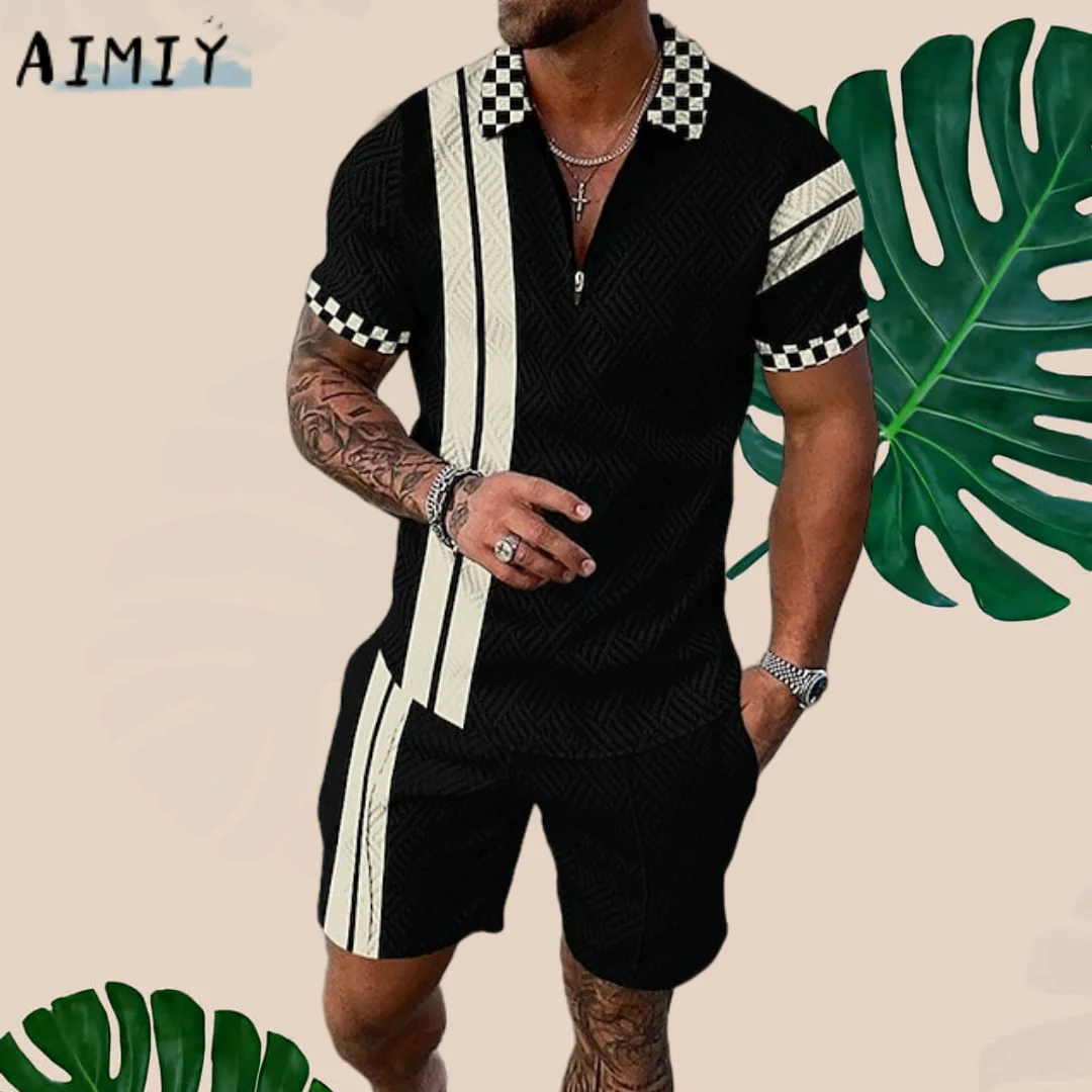 Summer Men's Zip Polo Shirt Golf T-Shirt Set Graphic Prints Tracksuit Turndown Street Short Sleeve Sweatshirt Streetwear Clothes