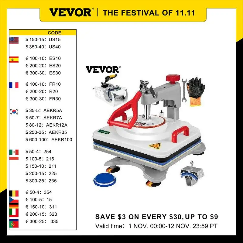 

VEVOR 5 in 1 Double Tube Heating Press Machine 850W 15x12 Inch White Transfer Sublimation Printing for T-shirt Mug Plate And Cap