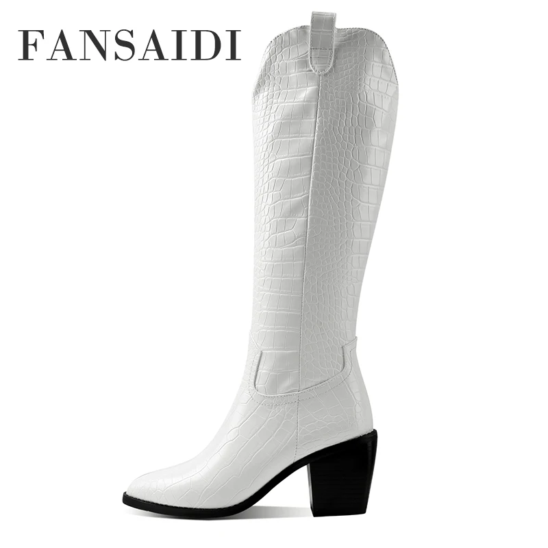 

FANSAIDI 2022 Fashion Pointed Toe Boots Knee High Boots Brown White Female Boots Women's Shoes Block Heels Winter New 41 42 43