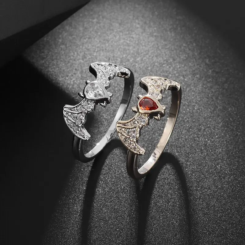 

Fashion Creative Bat Inlaid Zircon Ring Men and Women Hip-Hop Trend Punk Style Open Ring Animal Jewelry Couple Gift