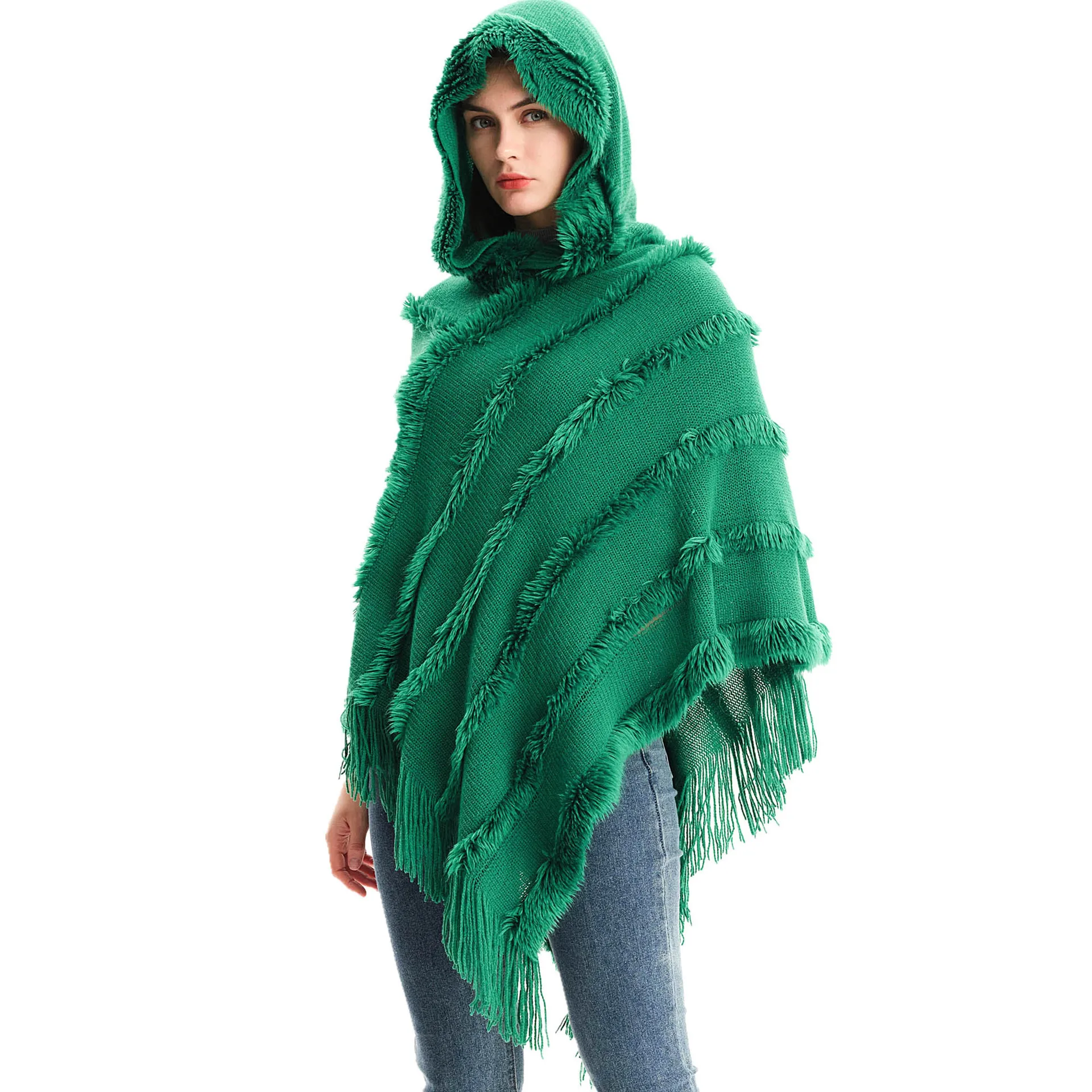 

Women Spring Autumn Shawl Lady Knitted Fur Hoodies Wrap Solid Color Pullover Loose Sweater with Tassel Fall Poncho Wholesale