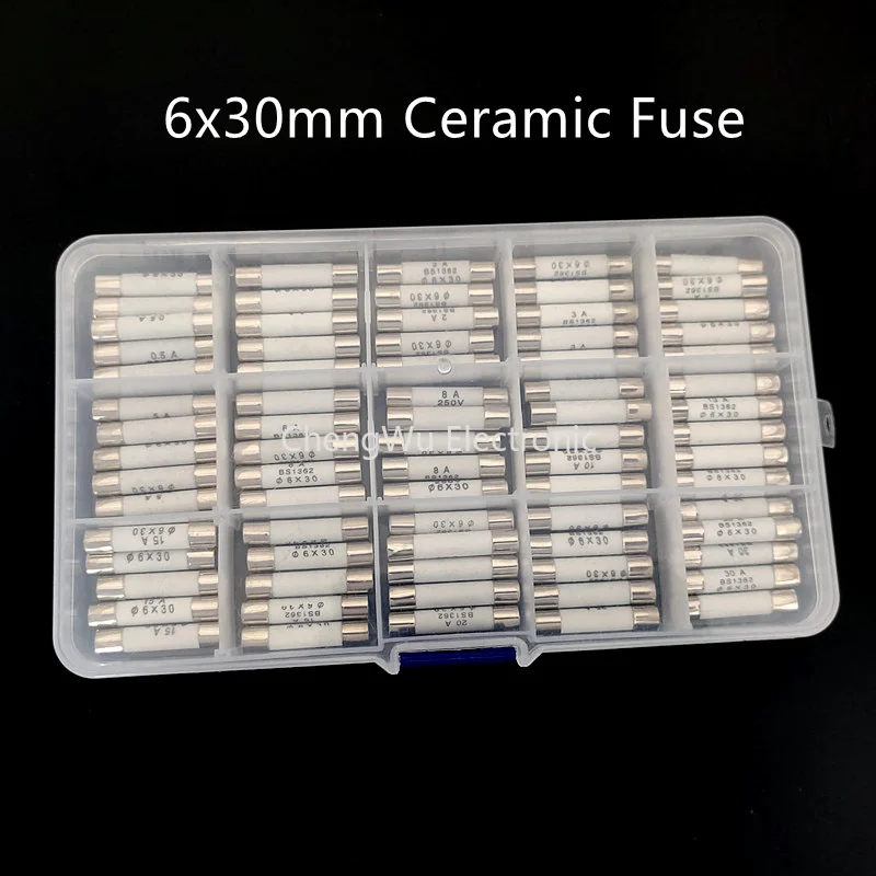 

75pcs/boxed 6x30mm Ceramic Fuse 0.5A 1A 2A 3A 4A 5A 6A 8A 10A 13A 15A 20A 25A 30A 250V 6x30mm Insurance Tube Assortment Kit