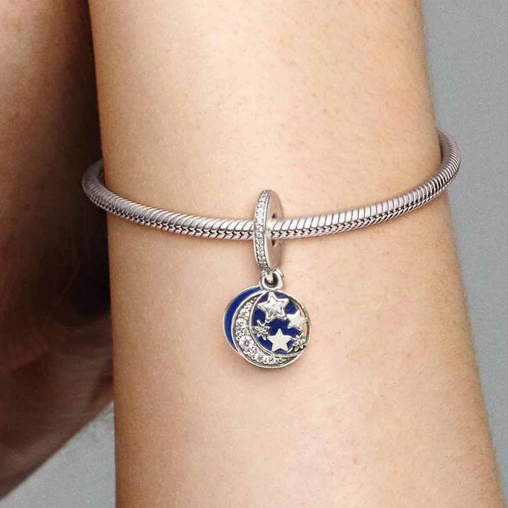 ChimConstellations of Love Dangle Charm for Women, Blue Night Sky, Crescent Moon and Stars, 925 Silver Bracelet, DIY