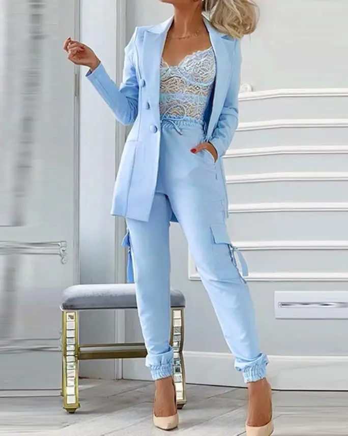 Spring New Women's Two-Piece Fashion Solid Button Blazer Jacket and Pocket Design Pants Suit Casual Office Summer Women's Suit