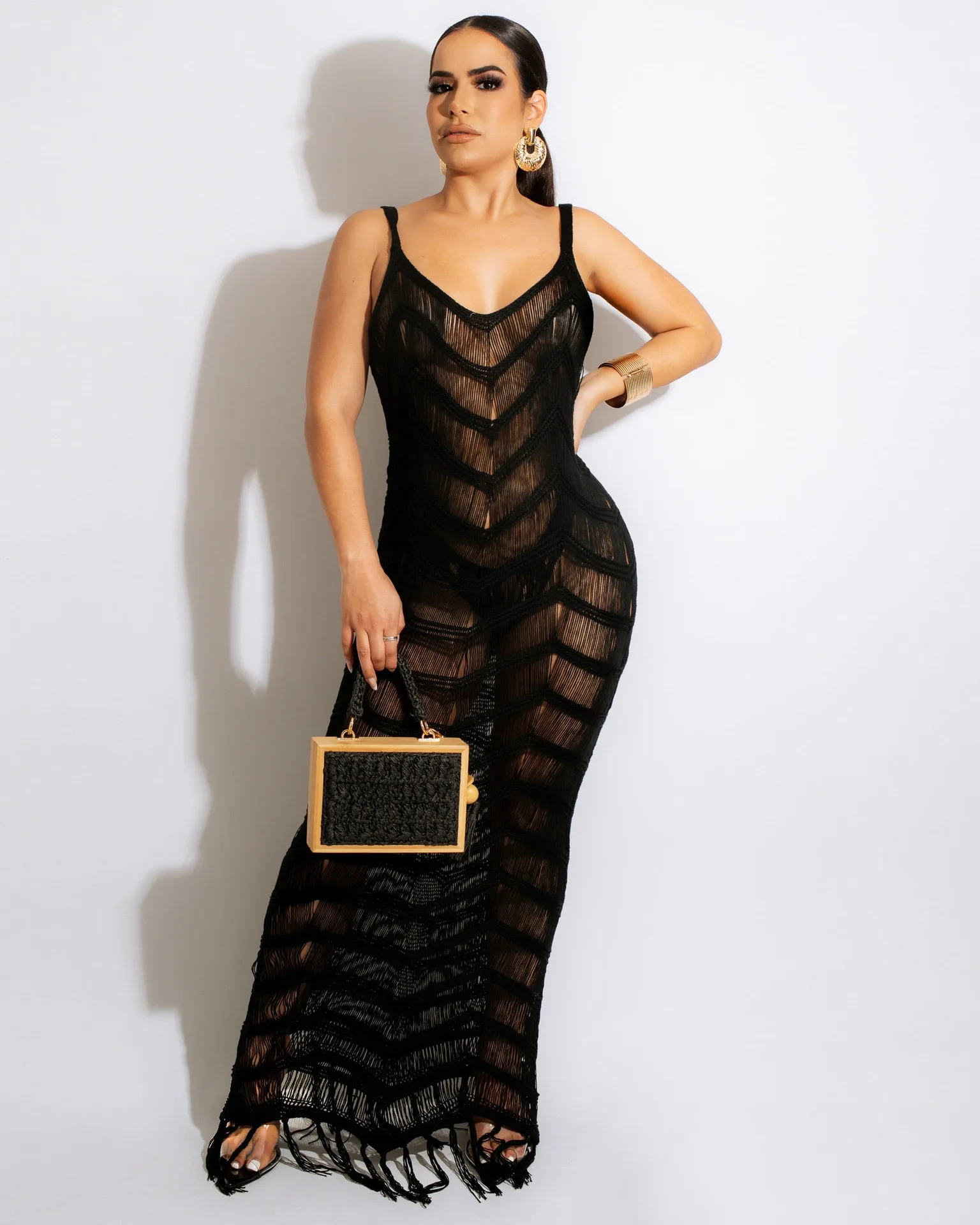 

Crochet Tassel Knitted Summer Beach Dress Women Sexy Spaghetti Straps Sleeveless Long Swimsuit Cover Ups