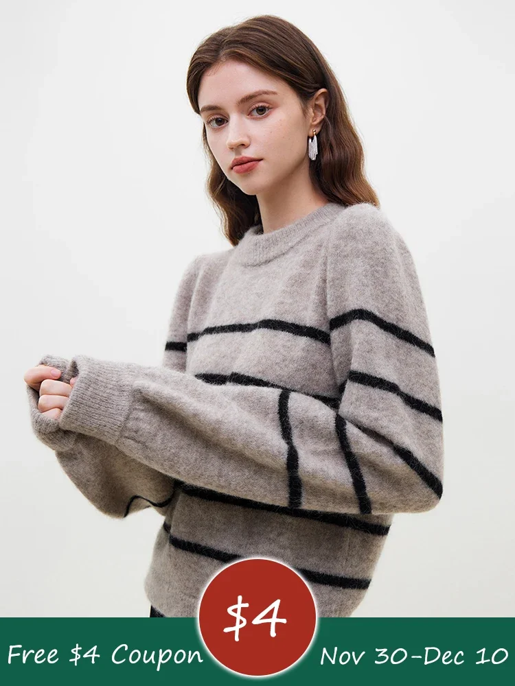 

FSLE French Retro Style Cozy Sense Round Neck Sweater For Women Winter 2023 Alpaca Wool Pullover Sweater Female Stripe Tops