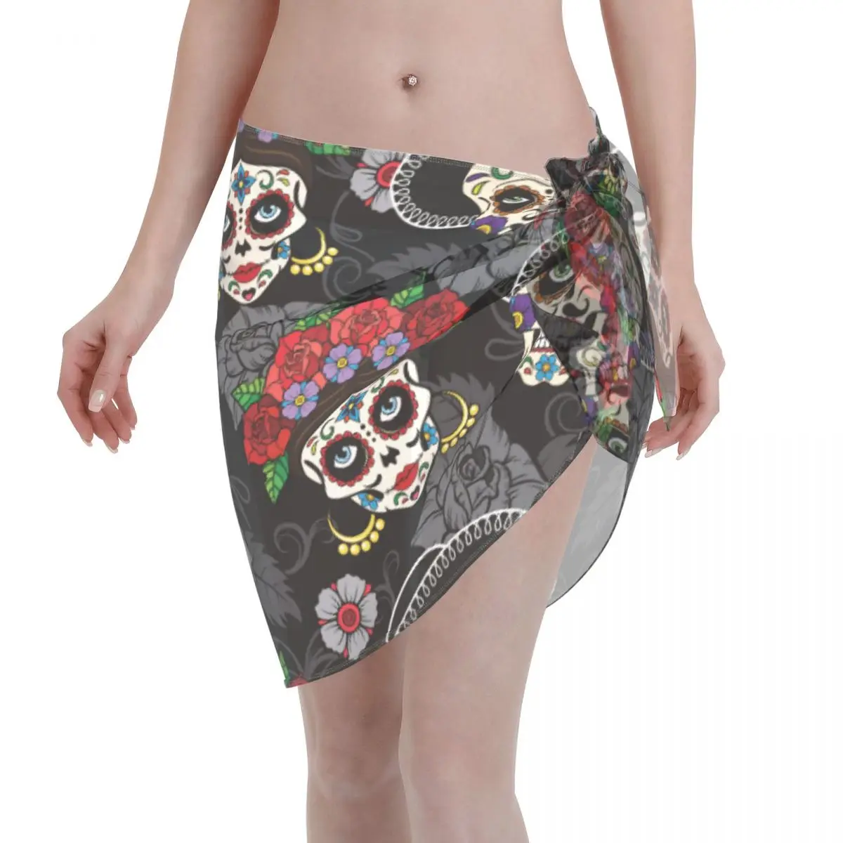 

Day Of The Dead Halloween Short Sarongs Swimsuit Coverups Women Sugar Skull Rose Sheer Skirt Lace-up Bikinis Cover-Ups Skirts