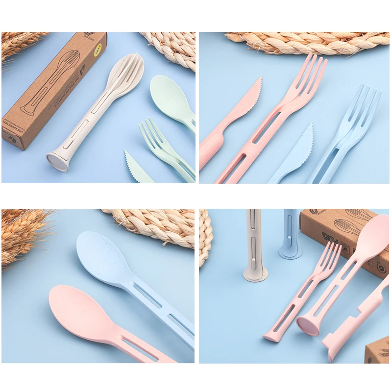 3 в 1 портативный набор столовых приборов 4 набора вилки и ложки из пшеничной