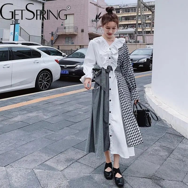 

GetSpring Women Dress Plaid Patchwork Asymmetrical Shirt Dress Full Sleeve Single Breasted Irregular Long Ladies Dresses 2022